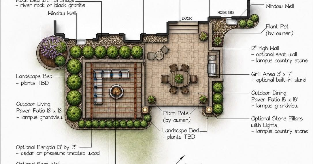 Color-rendered 2D landscape design plan showing the complete outdoor living layout
