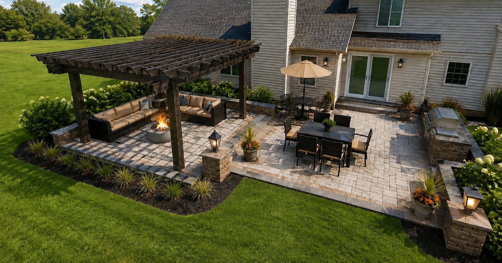 Realistic 3D landscape design rendering of a pergola, patio, outdoor kitchen, and planting